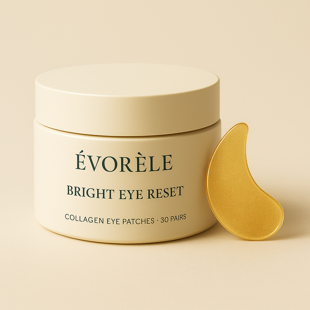 Évorèle Bright Eye Reset collagen eye patches jar with golden under-eye patch