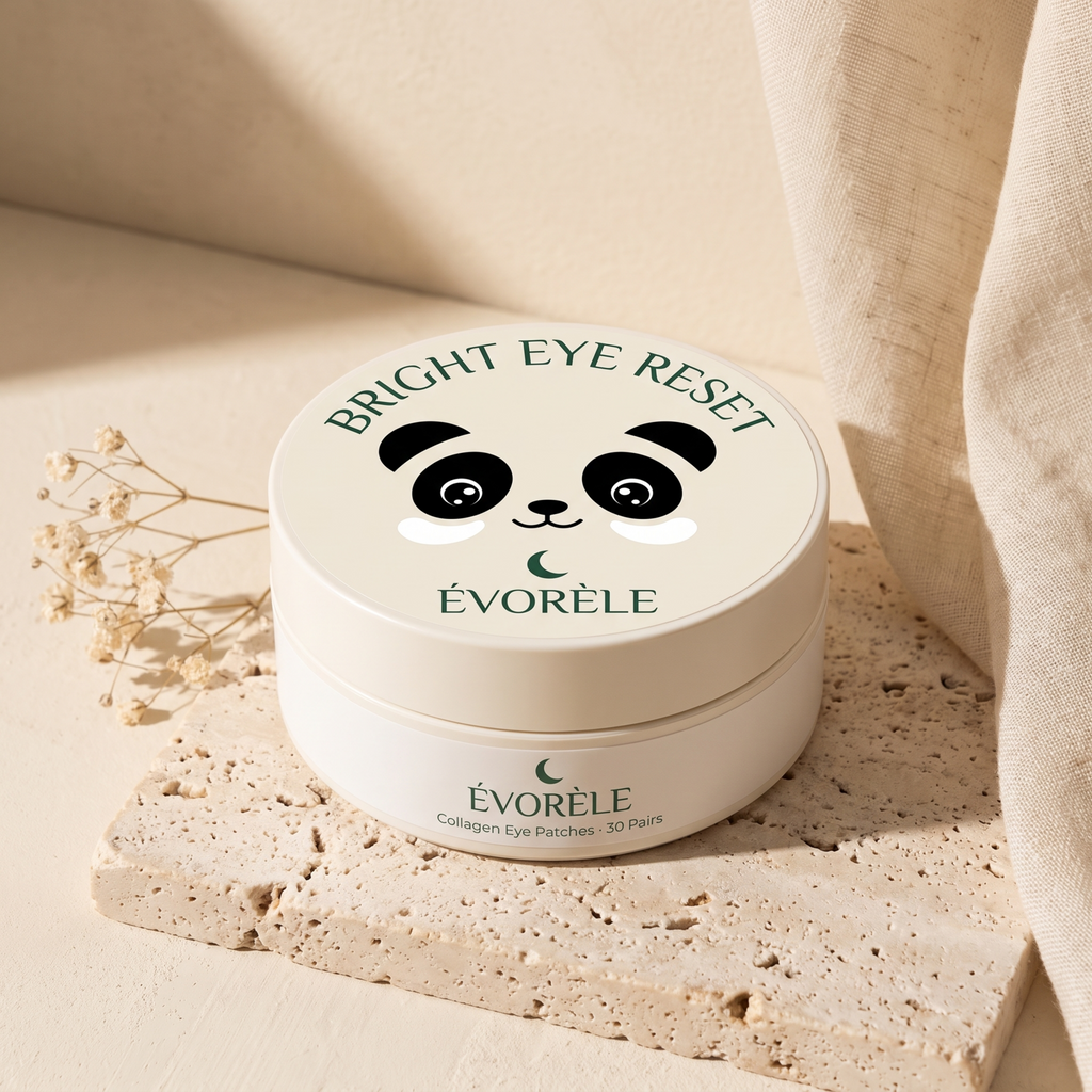 Évorèle Bright Eye Reset — white panda jar with white hydrogel patches