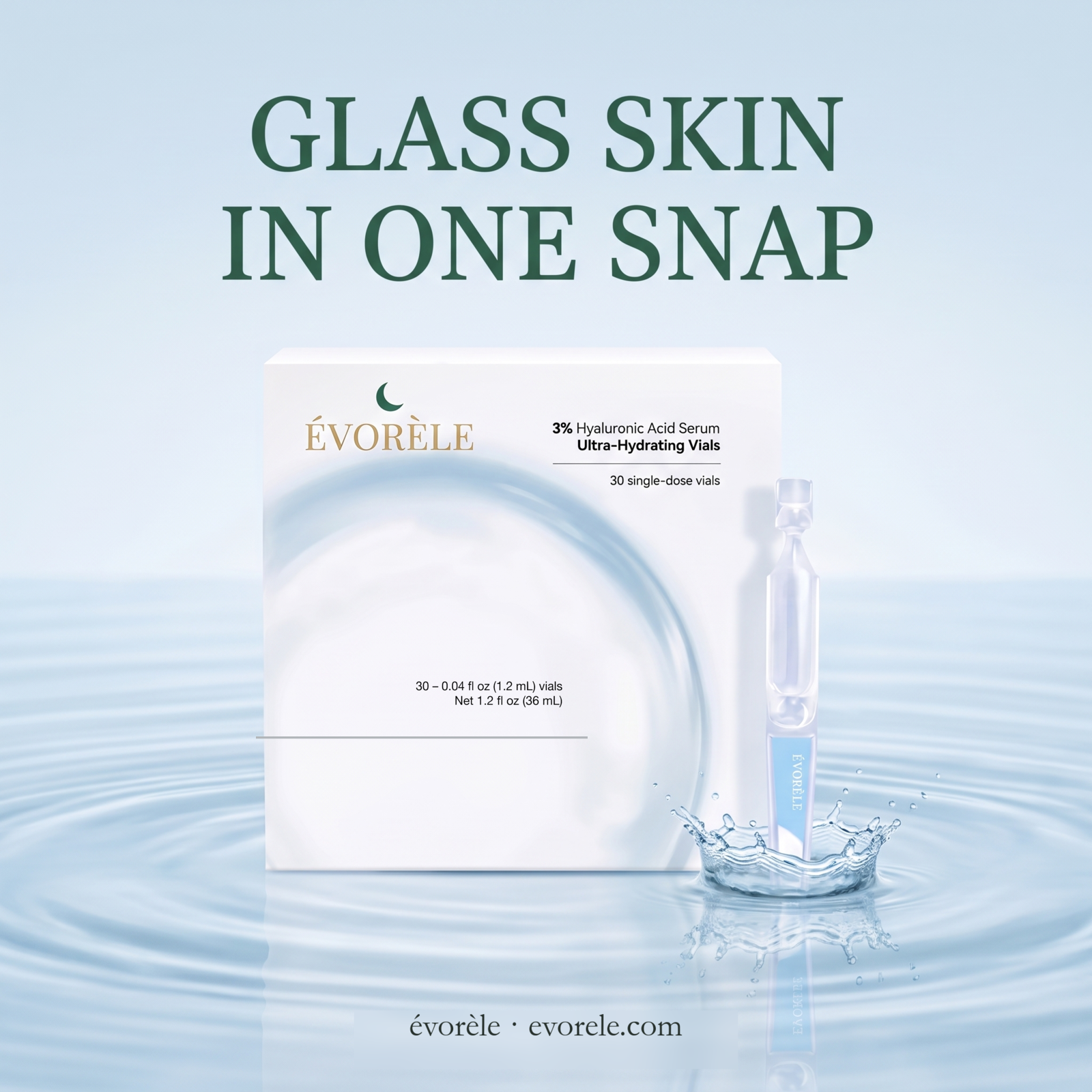 Glass skin in one snap — Évorèle carton with full label panel above calm water