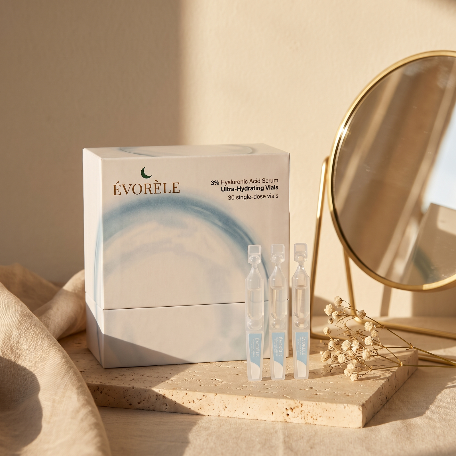 HA vials vanity scene with brass mirror