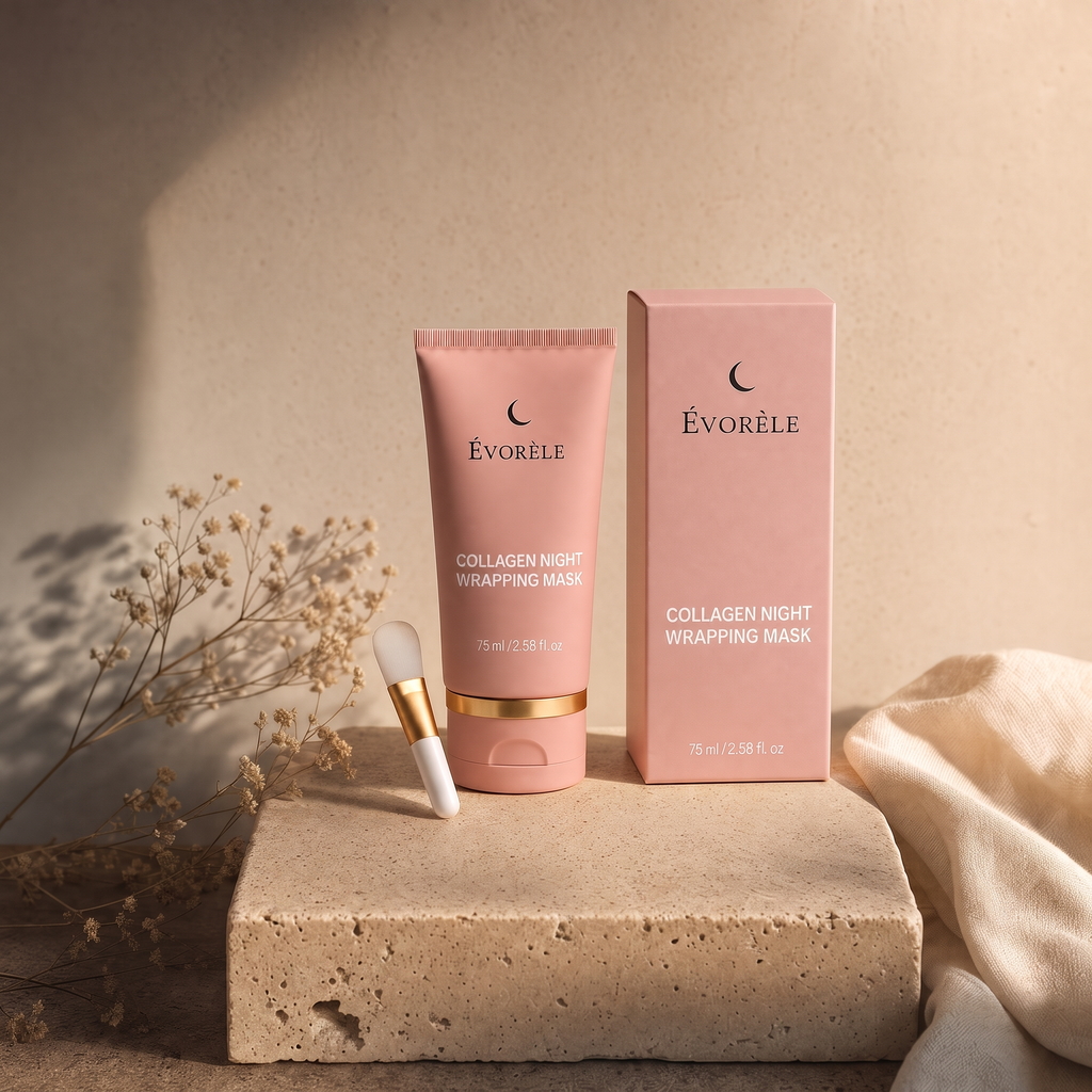 Évorèle Collagen Night Wrapping Mask — blush tube and carton with mask brush on travertine