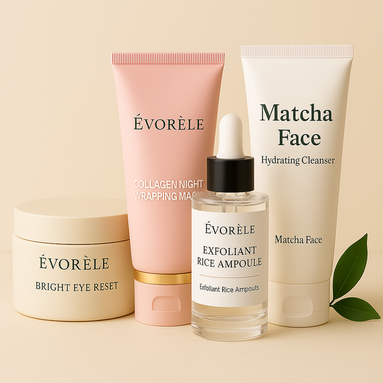 The complete Évorèle ritual — eye patches, night mask, rice ampoule and matcha cleanser