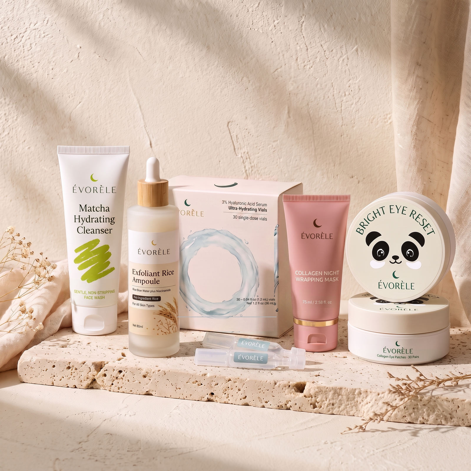 The Full Glass-Skin Ritual — five products on travertine