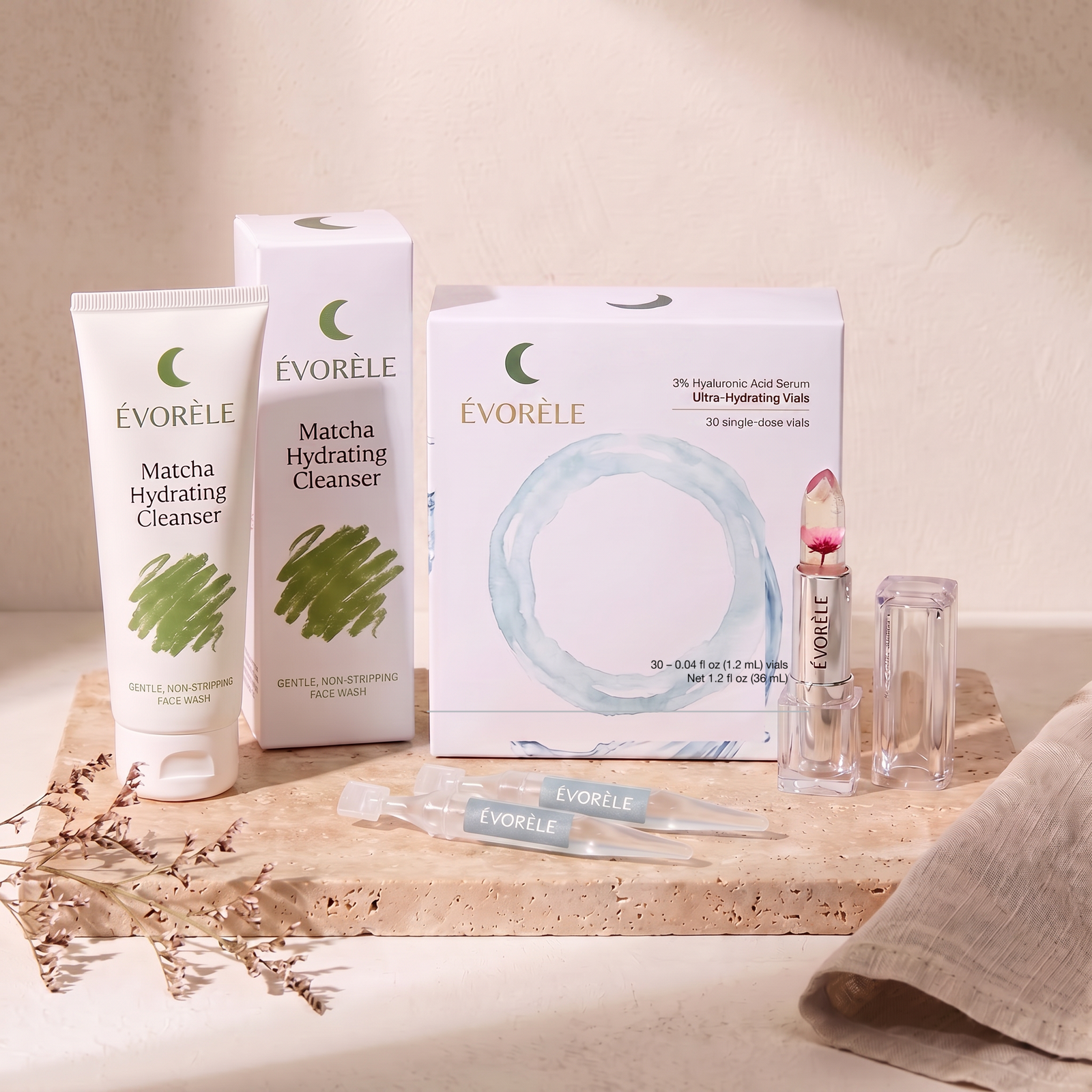 Glass-Skin Starter Trio — matcha cleanser, HA vials, flower lip balm