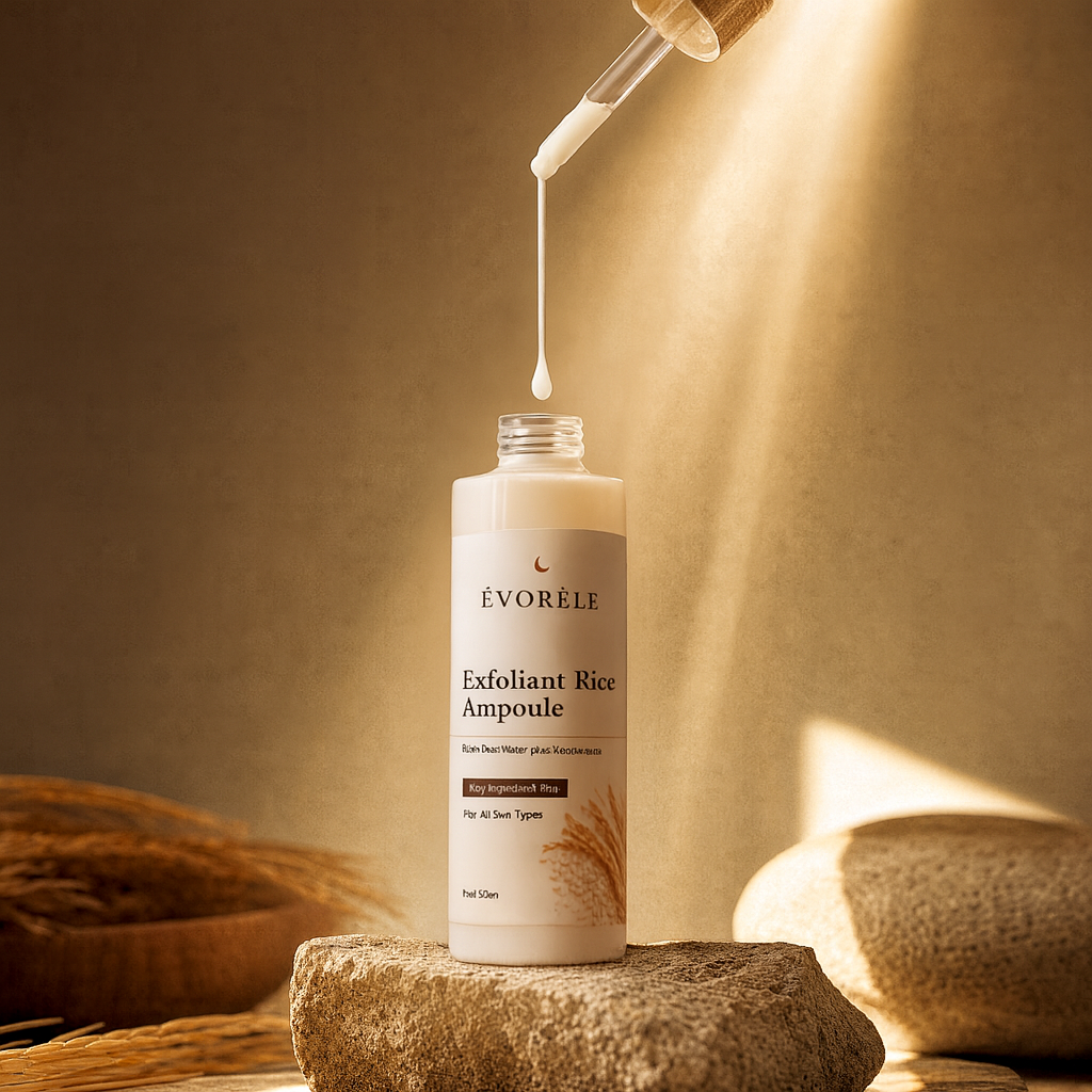 Évorèle Exfoliant Rice Ampoule — dropper releasing a milky rice droplet