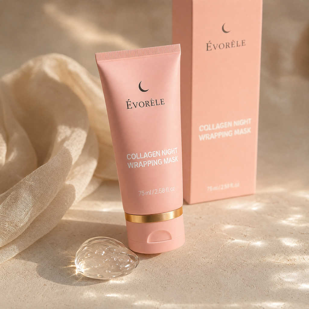 Évorèle Collagen Night Wrapping Mask — angled with clear-gel droplet detail