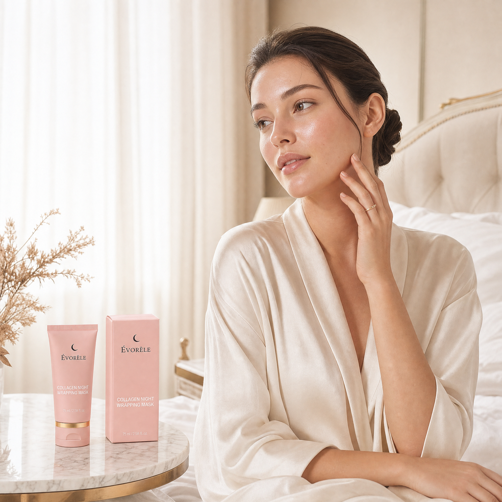 Glass-skin morning result after the Évorèle Collagen Night Wrapping Mask