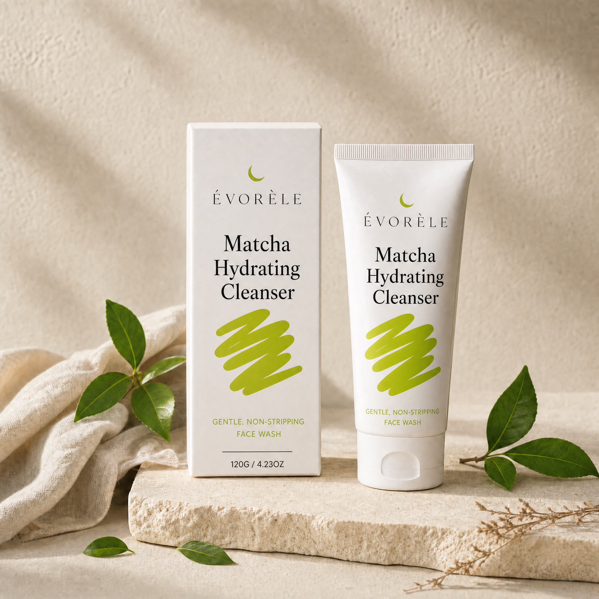 Évorèle Matcha Hydrating Cleanser box and tube with matcha and leaves