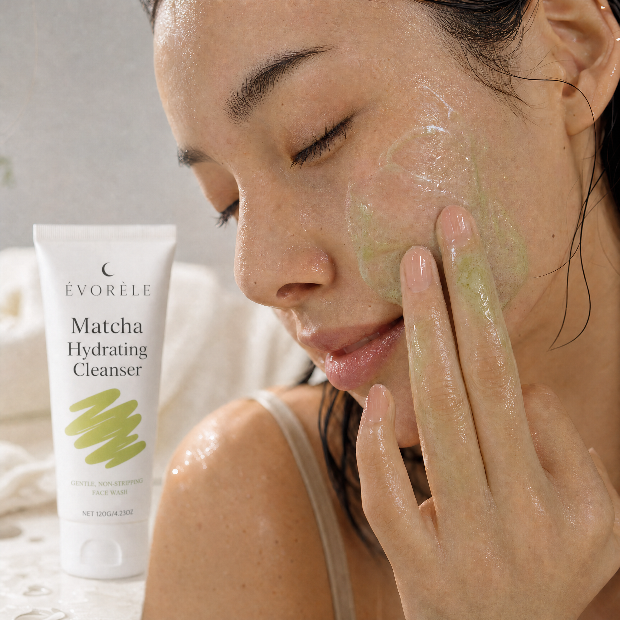 Woman applying Évorèle Matcha Hydrating Cleanser