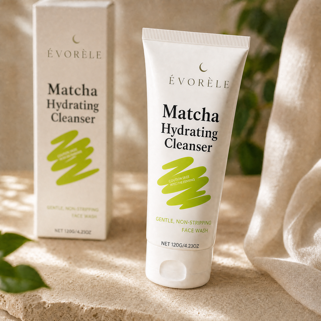 Évorèle Matcha Hydrating Cleanser tube and box on stone