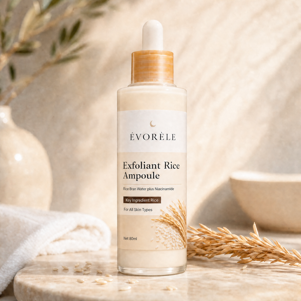 Évorèle Exfoliant Rice Ampoule bottle with wheat