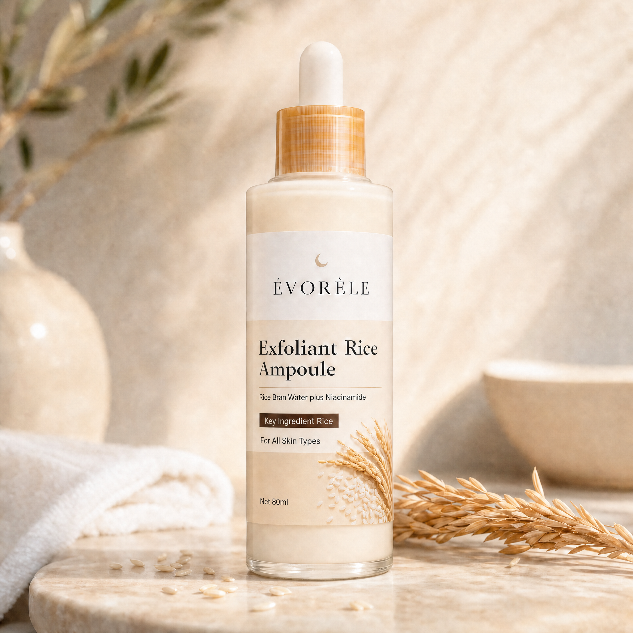 Évorèle Exfoliant Rice Ampoule bottle with wheat