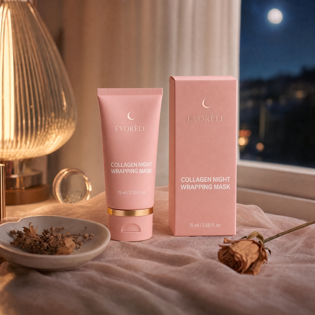 Évorèle Collagen Night Wrapping Mask on moonlit bedside table