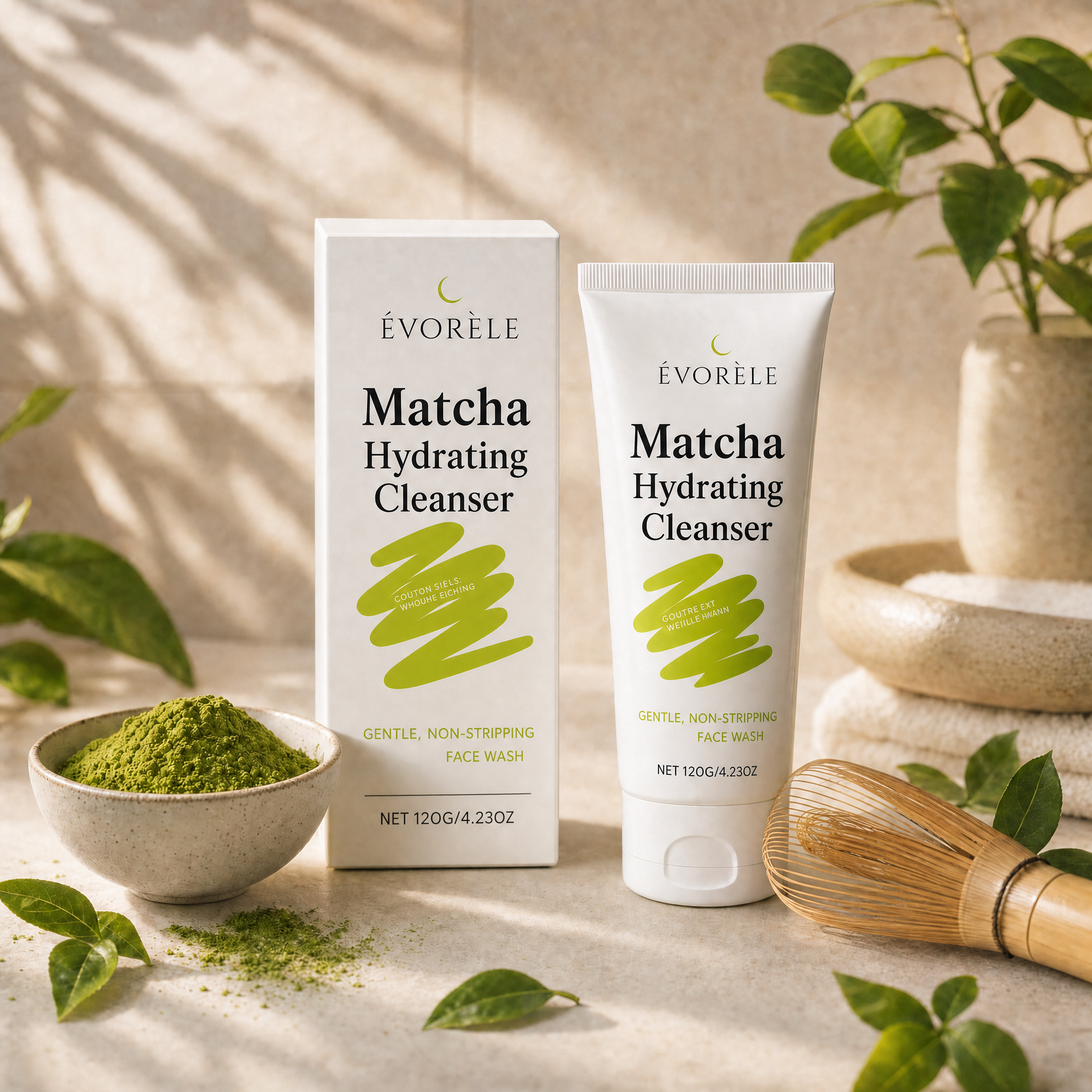 Évorèle Matcha Hydrating Cleanser box and tube with matcha bowl and whisk