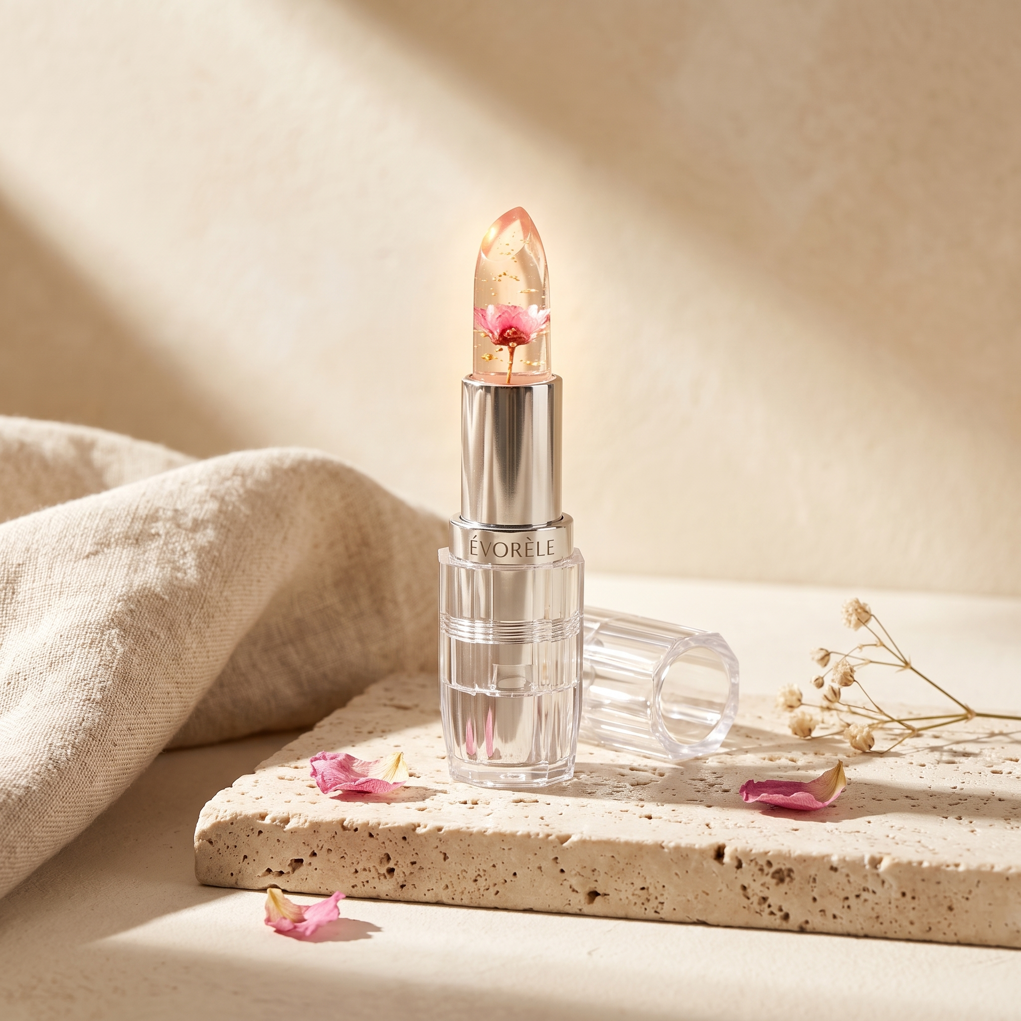 Included free — Évorèle Dried-Flower Jelly Lip Balm, clear jelly bullet with a real dried flower