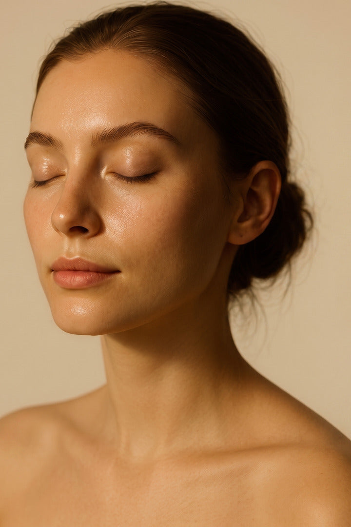 Model with dewy, glass-clear skin